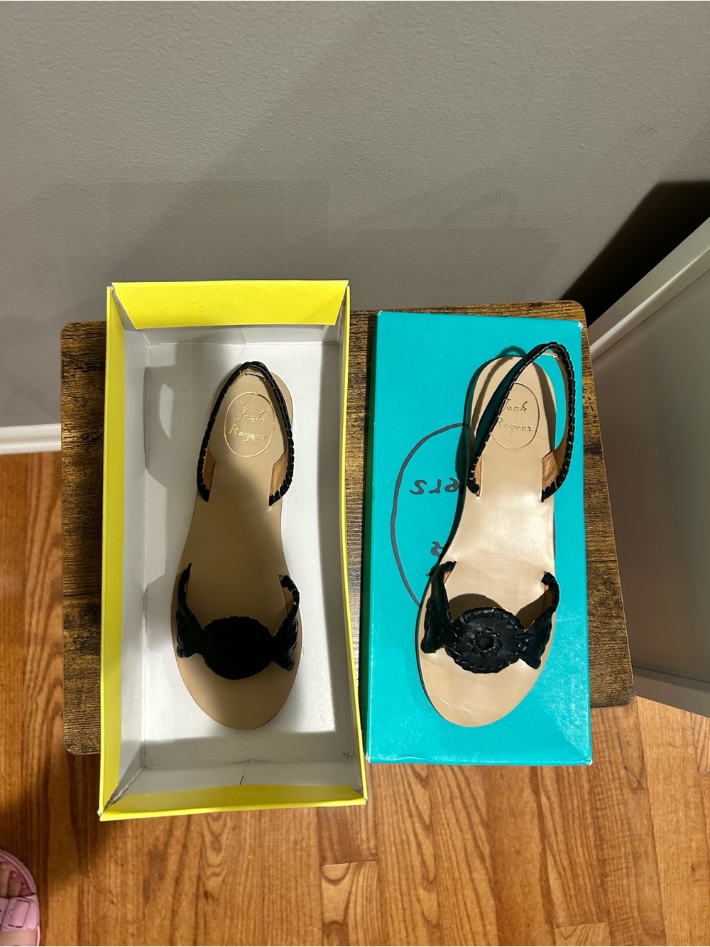 Jack Rogers Black Sandals with Signature Round Medallion